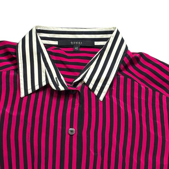 Vintage Gucci Silk Button Down Shirt - U.S. 6 - Pink/Black Stripe - Like New - Picture 12 of 15